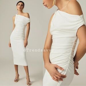 Anthropologie MISHA One Shoulder Ruched Midi Dress Ivory Bridal Size M NWT